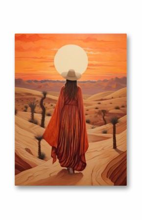 Vintage Boho Desert Sunset Art: Captivating Dune Wanderer Landscape Imagery