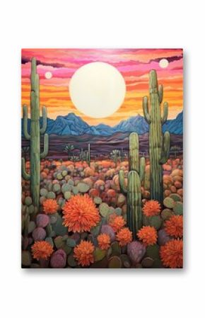 Desert Dusk Boho Artwork: Vintage Painting of Cactus Twilight