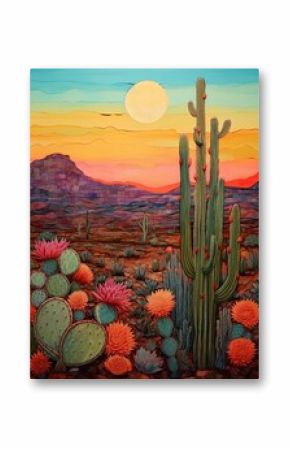 Cactus Twilight: Desert Dusk Boho Artwork Vintage Painting