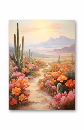 Bohemian Desert Vibes: Spring Desert Print with Blooming Cacti and Morning Mist Painting