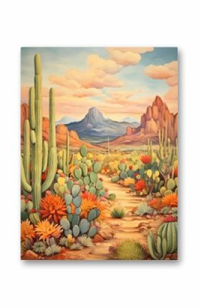 Vintage Desert Landscape: Bohemian Cacti Art with Desert Vibes