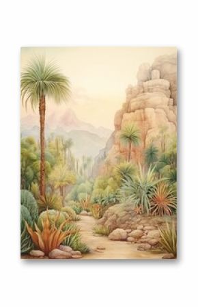 Bohemian Desert Landscape Prints: Garden Scene Art in Desert Garden - Boho Greens