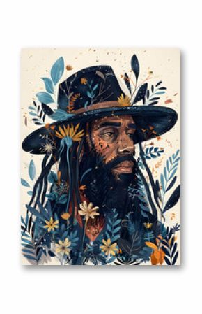 Man with dreadlocks and hat surrounded by flowers and leaves in an illustration