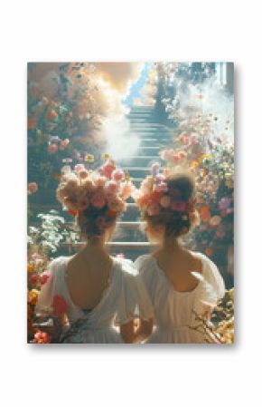 Two women with flower crowns stand in front of a staircase surrounded by flowers, creating a picturesque landscape. The event is filled with fun and art as they pose for a fashionable crowd