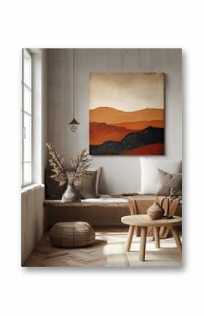 Mockup painting features abstract minimal boho style wall art or painting at boho style interior room