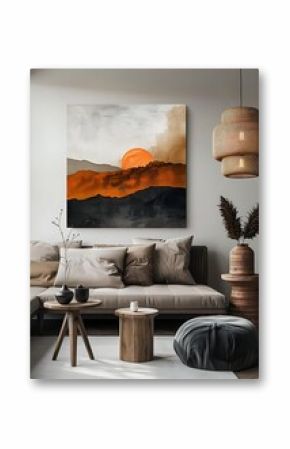 Mockup painting features abstract minimal boho style wall art or painting at boho style interior room