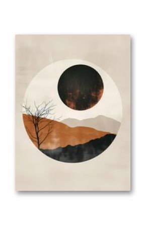 simple boho brown natural earth tone  abstract  landscape painting , Artwork for wall art and home decor