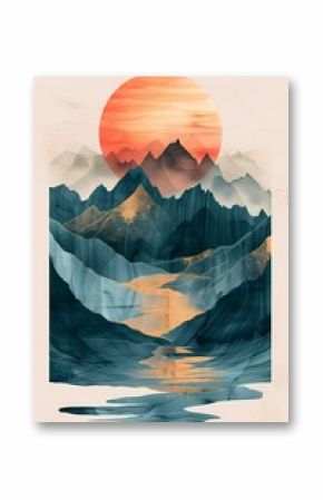 abstract painting landscape with blue mountain  and sunset minimal Boho style 