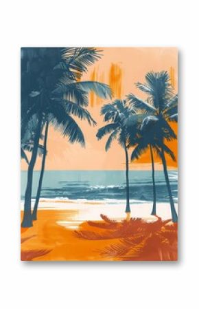 abstract painting landscape with tropical plant summer beach minimal Boho style in neutral color