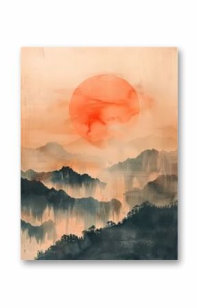 abstract painting landscape with mountain and cloud minimal Boho style in neutral color