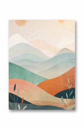A serene landscape is depicted with overlapping hills in varying shades of orange, green, and blue, evoking a sense of calm and tranquility.