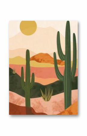 A contemporary mid-century modern poster template featuring an abstract cactus in a boho style, with minimal mountain backgrounds. Aesthetic modern art design, suitable for a postcard.