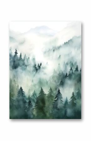 Watercolor painting of fog in the mountains with trees mossy, eco bohemian aesthetic wall print, banner, wallpaper, invitation card, HD Realistic 
