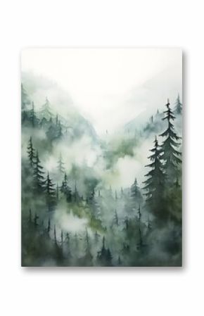 Watercolor painting of fog in the mountains with trees mossy, eco bohemian aesthetic wall print, banner, wallpaper, invitation card, HD Realistic 