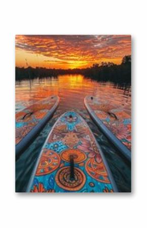 A paddleboarding session at sunset, using boards adorned with bohostyle artwork and patterns