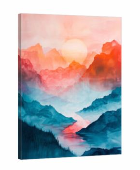 A minimalism boho style canvas painting featuring majestic mountains towering against a vibrant sunset in the background