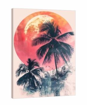 A painting depicting two tall palm trees standing in front of a bright sun in a minimalist boho style landscape