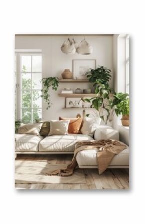 Minimal, modern , elegant, neutral, cozy and white bohemian, boho living room with a sofa and plants. soft earthy colors. Great as interior furniture design inspiration.