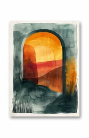 watercolor boho arch, in the style of Matisse, dusty piles, with flat shapes in the style of minimalist graphic designer, bold shapes, subtle tonal range, tinycore