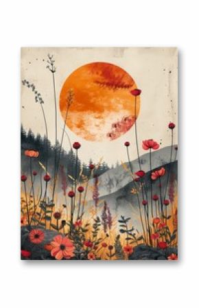 A vector illustration of a field of wildflowers with a large, orange sunset in the background