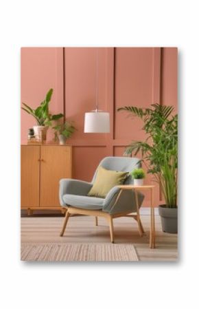 This room features pink walls, a chair, a table, and potted plants, creating a cozy and inviting space. The furniture and plants add comfort and style to the rectangularshaped room