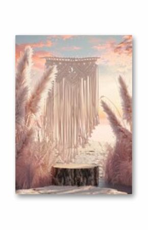 Boho Chic Wooden Podium with Pampas Grass on a blurred background