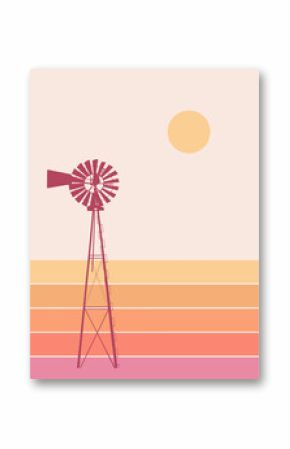 Here is a minimalist image of a vintage water windmill on a boho graphic background with the sun and stripes