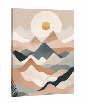 Minimalist boho wall decor featuring abstract mountain ranges and sun motifs in soft, muted tones, with a peaceful and balanced composition. Generative AI
