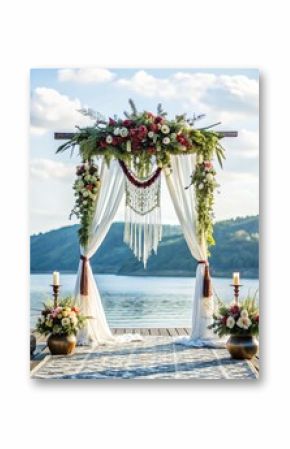 A beautiful wedding ceremony in boho style is taking place on a beach