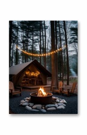 A picturesque glamping tent nestled in a forest, with string lights above and a fire pit surrounded by stones and wooden chairs, offering a cozy and rustic camping experience in nature