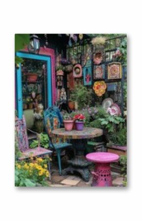 A cozy garden corner brimming with vibrant colors and artistic decor invites relaxation