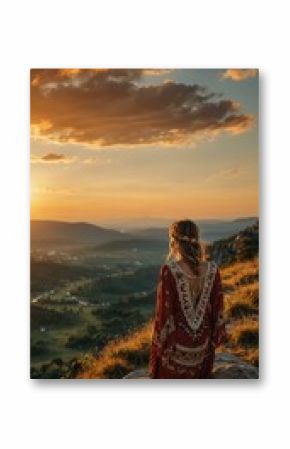 Free-spirited traveler in bohemian attire enjoying a mountaintop view at golden hour.