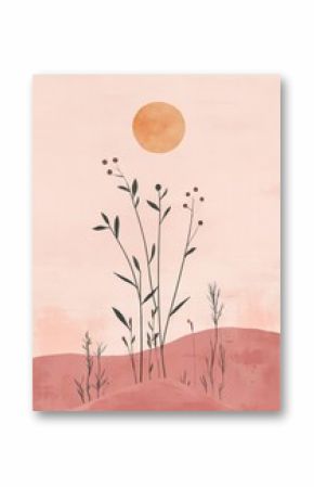 Minimalist boho poster with a moon and plant, simple shapes, soft colors, cute art style, geometric shapes