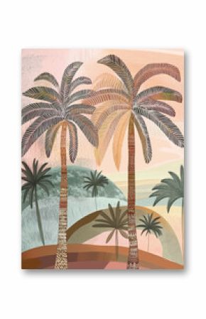 Abstract tropical palm trees illustration with pastel colors and artistic textures