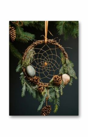 Creative dreamcatcher made from natural materials with pine needles and stones highlighting wild spirit concept in peaceful setting