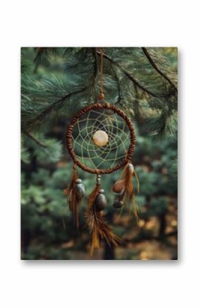 Creative dreamcatcher crafted from pine needles and mountain stones in a tranquil forest setting reflecting wild spirit