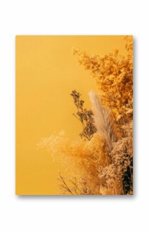 Elegant dried flower arrangement on yellow background creating a warm inviting and natural ambiance perfect for autumn and rustic themes