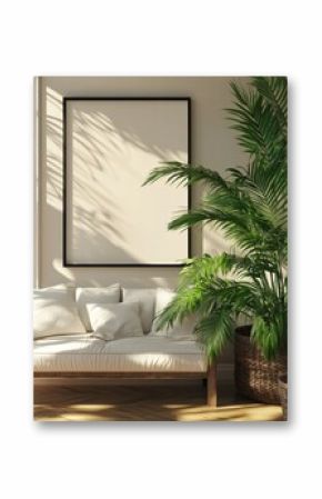 Mockup poster frame close up near window, 3d render