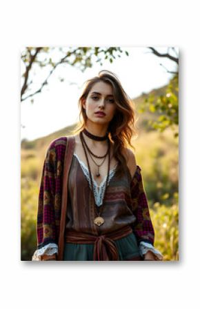 A beautiful woman gazes at the camera in a bohemian style, outdoors with natural sunlight.