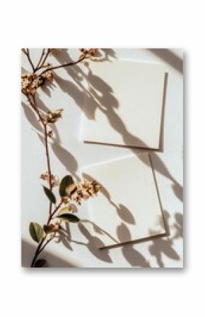 Elegant, blank note cards, botanical accents, soft shadows