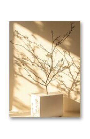Sunlight casts shadows on a delicate branch in a simple planter