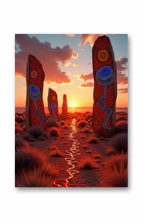 landscape at sunset with large standing stones painted in vibrant Aboriginal dot painting patterns