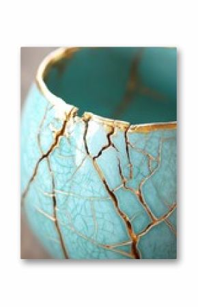 Teal ceramic bowl with intricate gold crackle glaze