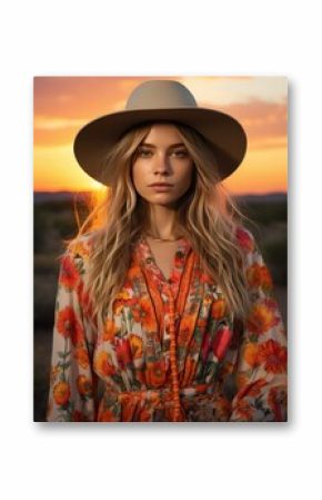 Portrait of a woman with blonde hair wearing a hat and floral dress at sunset in a desert setting