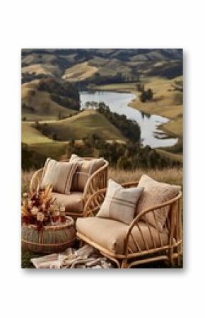 Outdoor wicker chairs, scenic view, countryside