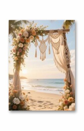Idyllic beach wedding altar adorned with lush flowers and macrame details at sunset creates a romantic ambiance for stock photos 8K