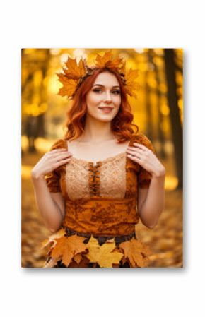 Redhead Woman Autumn Fashion Forest Leaves Crown Dress