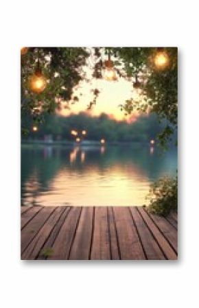 Wooden dock, tranquil lake, sunset, warm lighting