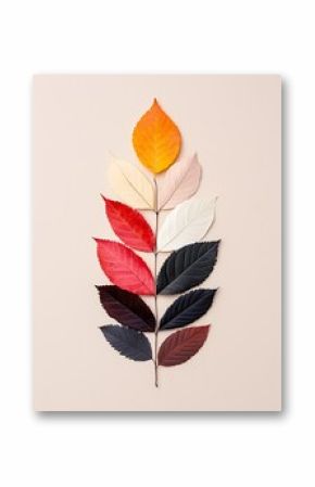 Dried Leaf Collage in Boho Aesthetic: A Vertical Arrangement of Colorful Autumn Leaves on a Neutral Background