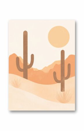 A minimalist illustration of a desert landscape featuring tall cacti, other desert plants, and a large orange sun against a pale sky and peachy hills.